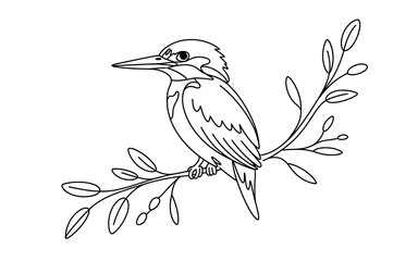 Kingfisher bird on a branch line art illustration twig