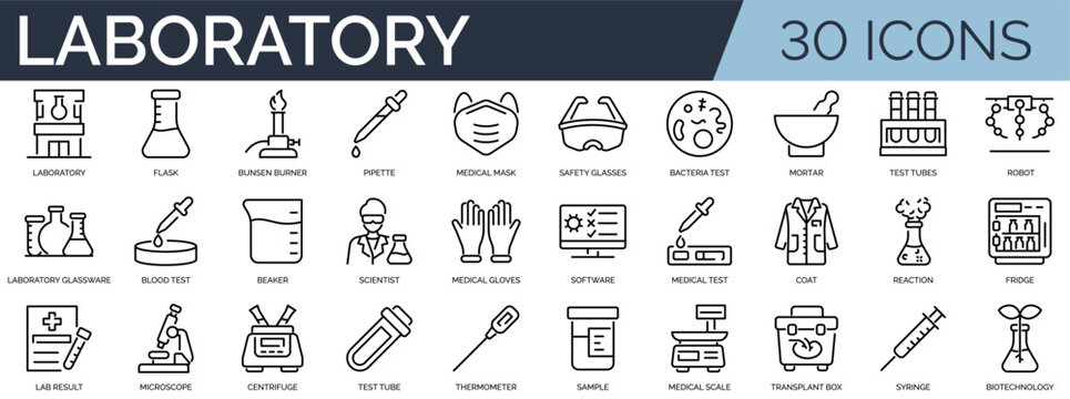 Set of 30 outline icons related to laboratory. Linear icon collection. Editable stroke. Vector illustration