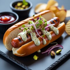 A gourmet hot dog in a perfectly toasted brioche bun, the sausage glistening with grill marks