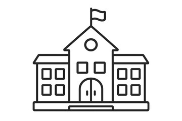 Outline drawing of a classic school building featuring a flag on the roof