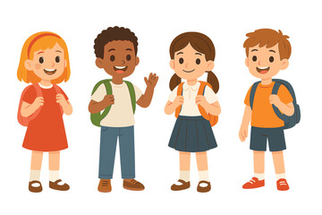 Four happy diverse elementary school students standing with backpacks ready for class