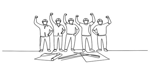 Group of triumphant construction workers and engineers celebrating project success with fists raised, unified team spirit, simple continuous line art