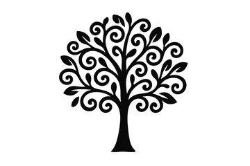 Elegant ornamental tree of life symbol with swirling branches and detailed leaves in black silhouette