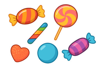 Brightly colored assortment of sweet treats including wrapped candies, lollipop, and heart shape