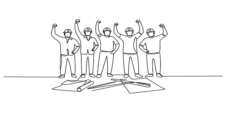 Group of triumphant construction workers and engineers celebrating project success with fists raised, unified team spirit, simple continuous line art