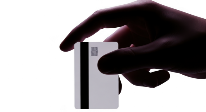 Hand holding a white card with magnetic stripe against dark background isolated on transparent background