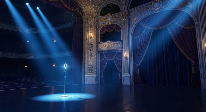 Interior view of stage with vintage microphone, illuminated by blue light, creating a theatrical presentation, perfect for artistic performance promotion