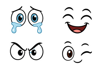 Fototapeta premium Four cartoon facial expressions: crying eyes, laughing mouth, angry stare, winking face