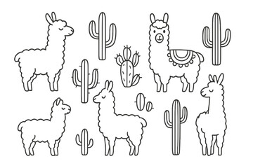 Naklejka premium Cute cartoon llamas and various desert cacti outline seamless pattern set