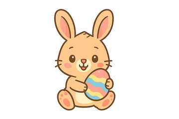 Cute sitting bunny character holding a large decorated pastel Easter egg for spring holiday