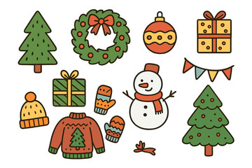 Colorful Christmas and winter holiday symbols including snowman decorated trees and wrapped gifts