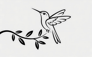 Line art of a hummingbird on a leafy branch leaves