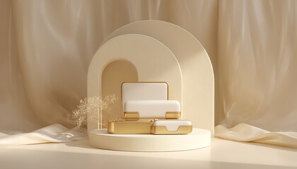 Minimal cream and gold tech accessories placed on soft arch backdrop