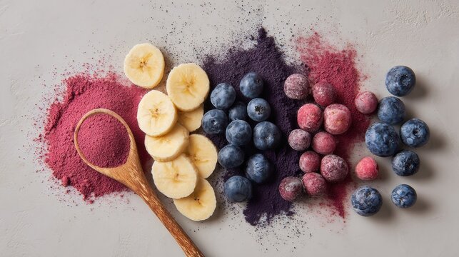 Colorful superfood powders with fresh blueberries, banana slices and frozen berries arranged artistically for healthy smoothie bowl ingredient concept