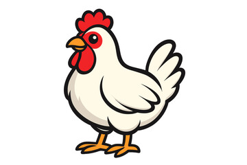 Adorable cartoon chicken character standing in profile view, a cute farm animal isolated on a clean white background
