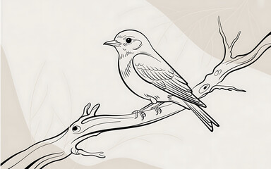 Line Drawing of a Small Bird Perched on a Branch illustration