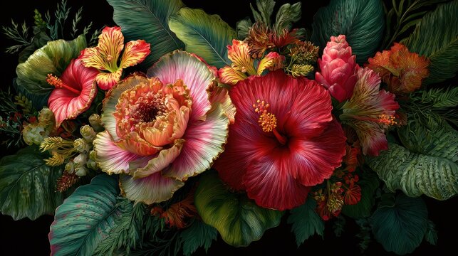 Vivid floral arrangement featuring hibiscus and cabbage roses against a dark background