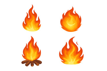Stylized burning fire flames and campfire icons set isolated on white background