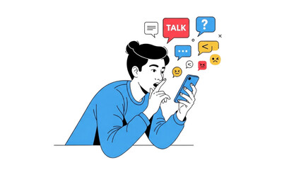 High-quality black outline colorful art of person sharing gossip on phone, talking icons, clean modern illustration