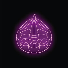 Glowing purple neon sign in the shape of a halloween pumpkin is emanating an eerie purple glow against a black background