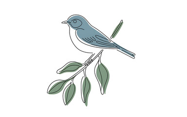 Minimalist illustration of a blue bird on a branch with green leaves