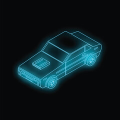 Glowing neon blue classic sports car standing on black background