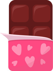 Delicious, dark chocolate bar partially unwrapped from a pink, heart-patterned wrapper, perfect for Valentine's Day treats, sweet indulgence, and dessert concepts.