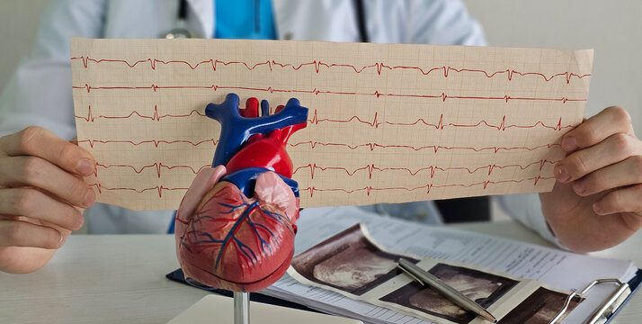 Doctor analyzes heart model while reading ECG printout in medical office