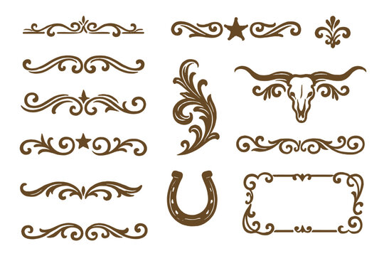Vintage Western ornamental dividers, borders, flourishes, longhorn skull, and horseshoe set