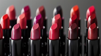 A collection of various lipstick shades arranged in a row. The lipsticks are in black tubes with vibrant colors ranging from red to pink and purple.