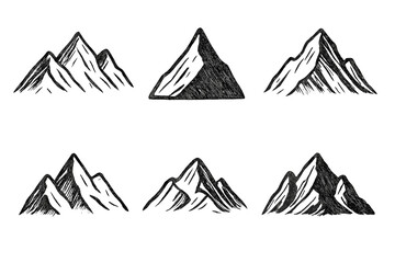 Six hand drawn mountain peaks and ranges in vintage sketch style for outdoor adventure logos