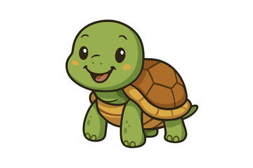 Friendly green cartoon tortoise character standing and smiling widely on white background