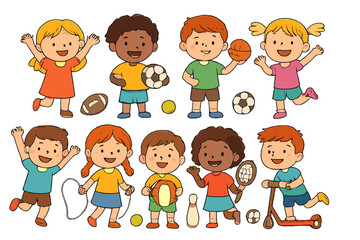 Energetic group of diverse young children playing various sports and physical activities