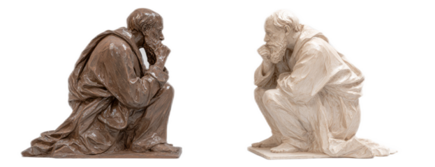 Two Classical Wooden Sculptures of Men Sitting in Thoughtful Pose on White Background