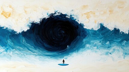A lone surfer on a blue surfboard faces a colossal, dark, swirling wave with white and yellow foam.