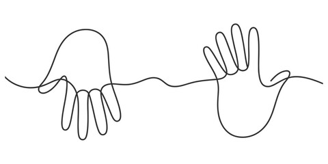 Continuous one line drawing of two human hands reaching out to each other, symbolizing connection, collaboration, unity, support, and partnership concept.