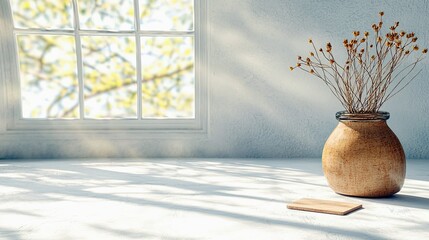 A still life composition featuring a vase of dried flowers on a surface bathed in sunlight streaming through a window.