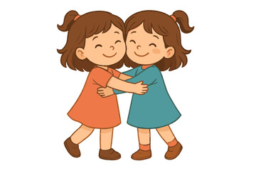 Two happy little girls hugging each other tightly showing friendship and affection