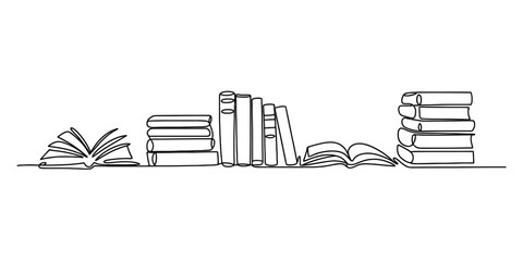 Continuous line drawing of various books, including open books, stacked books, and books on a shelf, symbolizing education, knowledge, and learning