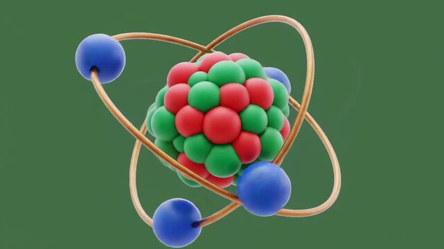A colorful depiction of an atom featuring a green and red nucleus, encircled by blue electrons orbiting around it on a green background, representing science and technology.