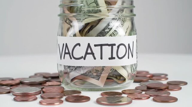 Still life with glass jar filled with dollar bills and coins scattered around on a white background labeled vacation savings.