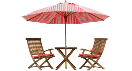 Outdoor Patio Set with Wooden Chairs and Pink Striped Umbrella in Garden Setting