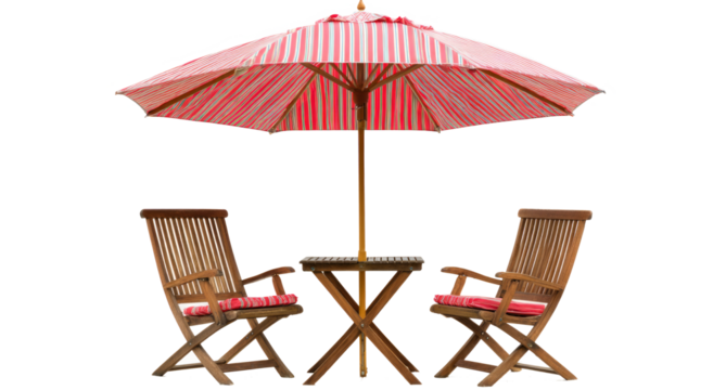 Outdoor Patio Set with Wooden Chairs and Pink Striped Umbrella in Garden Setting