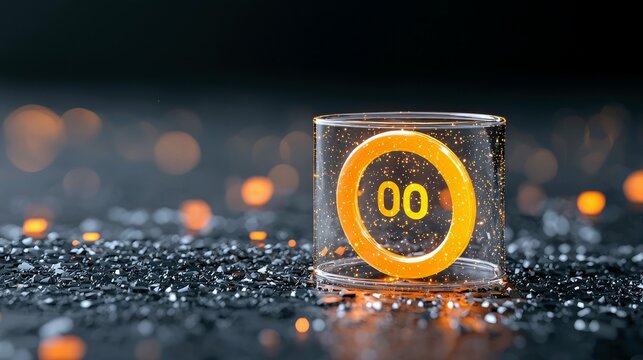 A glass cylinder containing a glowing orange circle with the number 00, set on a dark, textured surface with bokeh lights.