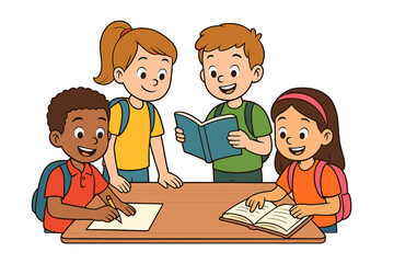 Diverse group of happy elementary school students studying together at a desk reading and writing