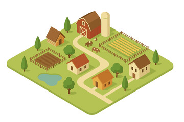Isometric farm landscape with barn, silo, houses, fenced fields, and grazing livestock