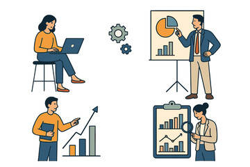 Business professionals analyzing data and presenting reports in a corporate