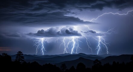 A dramatic thunderstorm unleashes multiple powerful lightning bolts over a dark mountain range at night.