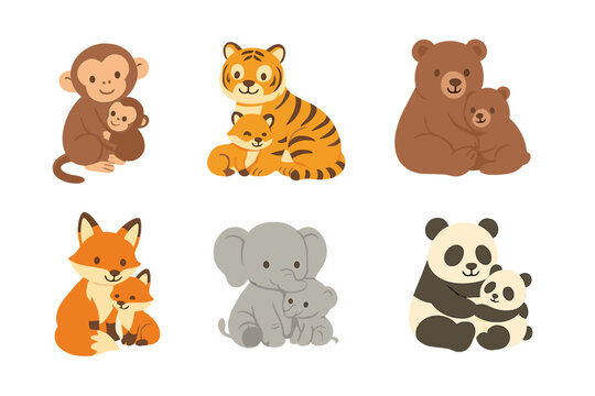 Cute animal mothers hugging their babies set featuring monkey tiger bear fox elephant panda - Powered by Adobe