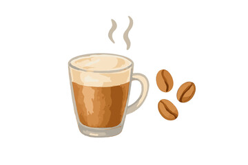 Steaming hot coffee drink in a glass mug with creamy foam and scattered roasted coffee beans